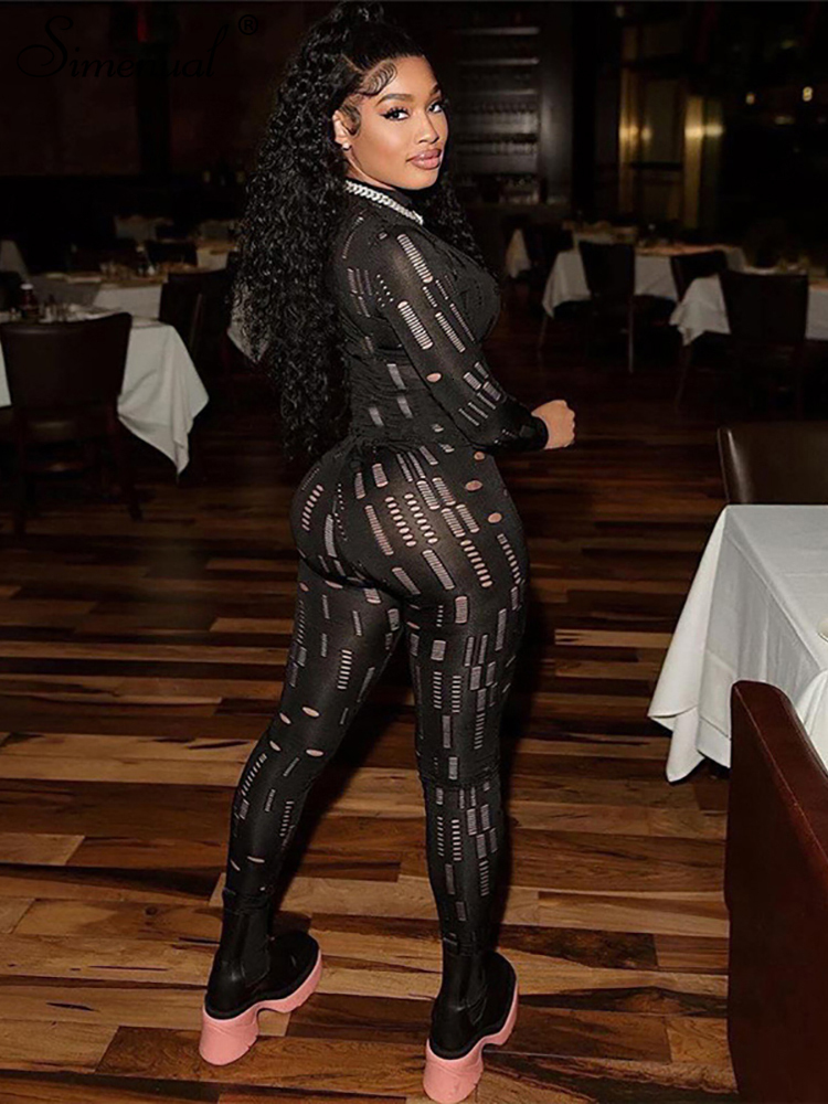 Women's Jumpsuits Rompers Simenual Hollow Out Ripped Bodycon Rompers Womens Jumpsuit Long Sleeve Mock Neck Sporty Workout Sexy Jumpsuits Spring 2