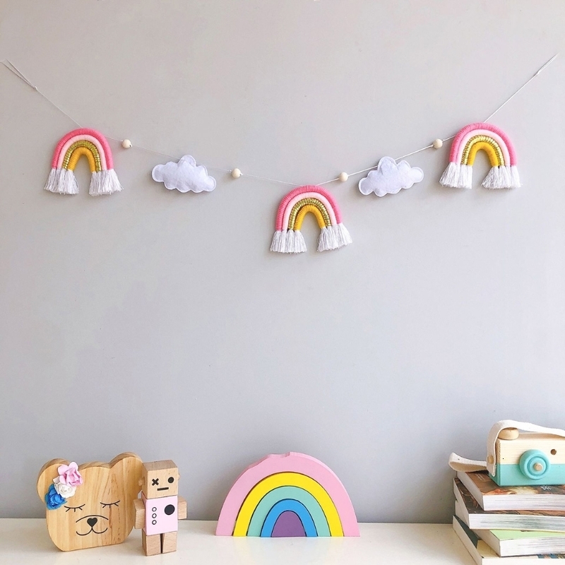 Wall Decor INS Felt Cloud Knitting Wool Rainbow Tassel Wall Hanging Decor Boho Wooden Beads Garland Pendant Kids Room Home Nursery Decor 230131