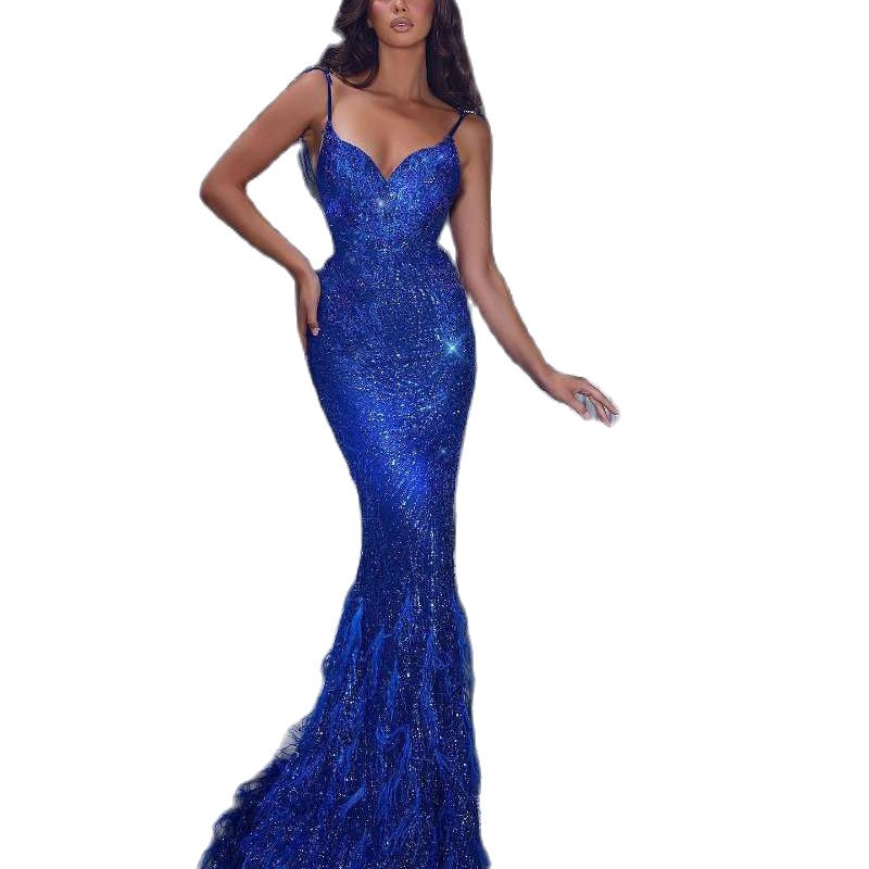 Sexy Royal Blue Prom Dresses Feather Spaghetti Straps Sequins Bling Bling Evening Gowns Custom Made Robe De Mariee