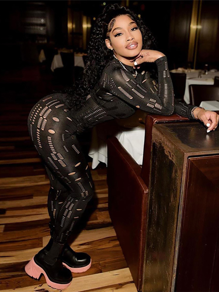 Women's Jumpsuits Rompers Simenual Hollow Out Ripped Bodycon Rompers Womens Jumpsuit Long Sleeve Mock Neck Sporty Workout Sexy Jumpsuits Spring 2