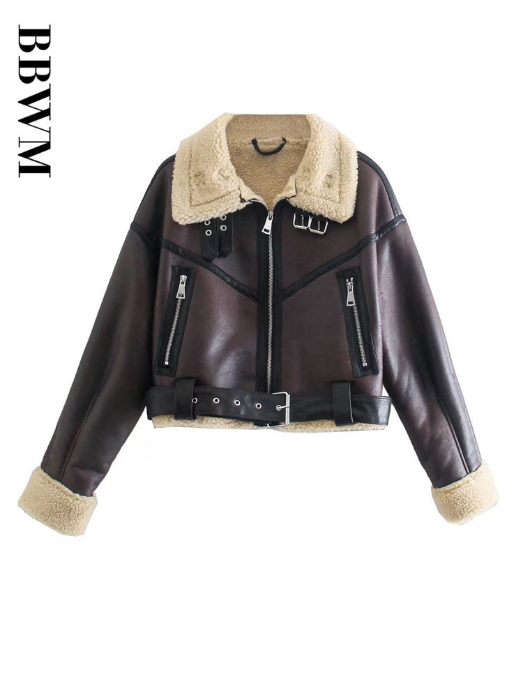 Womens Leather Faux Womans Fashion Thick Warm Shearling Jacket Coat Vintage Long Sleeve Belt Hem Female Outerwear Chic Tops 230131