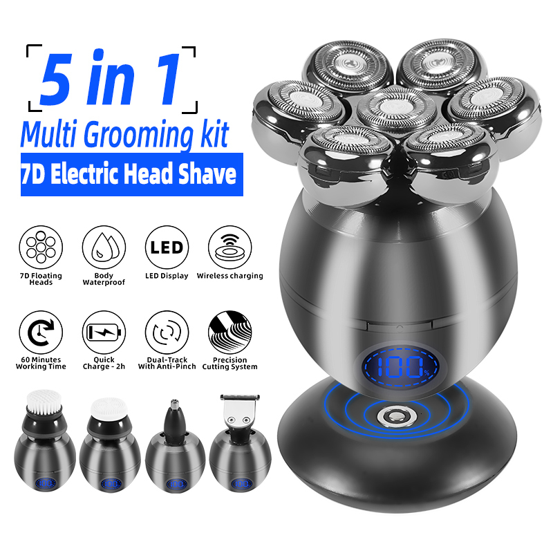 Electric Shavers 5 in 1 Head Shaver for Bald Men 7D Floating Cutter Beard Trimmer Clipper IP68 Waterproof Shaving USB Wireless Charging 230201