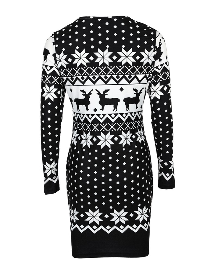 Casual Dresses Christmas Women's Dresses Autumn Long Sleeve Fashion Snowflake Elk Print Casual O-Neck Daily Skinny Mini Dress 230131