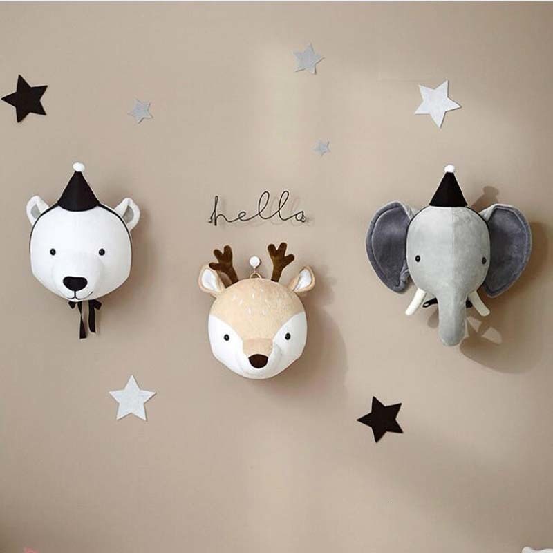 Wall Decor Cute Animals Elephant Head Stuffed Plush Doll Kids Girls Bedroom Wall Hanging Decoration Artwork Toys Nordic Style Po Props 230131