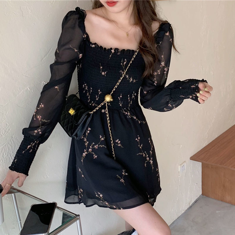 Casual Dresses Spring Womens Sexy Black Dress Vintage Flower Long Puff Sleeve Chiffon Dresses Korean Casual Mini Vestidos Mujer Clothes 13676 230131