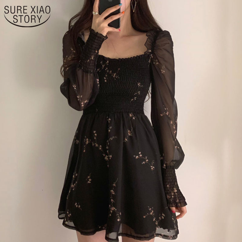 Casual Dresses Spring Womens Sexy Black Dress Vintage Flower Long Puff Sleeve Chiffon Dresses Korean Casual Mini Vestidos Mujer Clothes 13676 230131