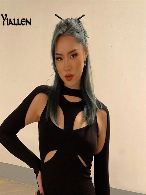 Casual Dresses Yiallen Women Spring Casual High Street Stretch Slim Hollow Out Sexy Mini Bodycon Dresses Simple Solid Black Dresses 230131