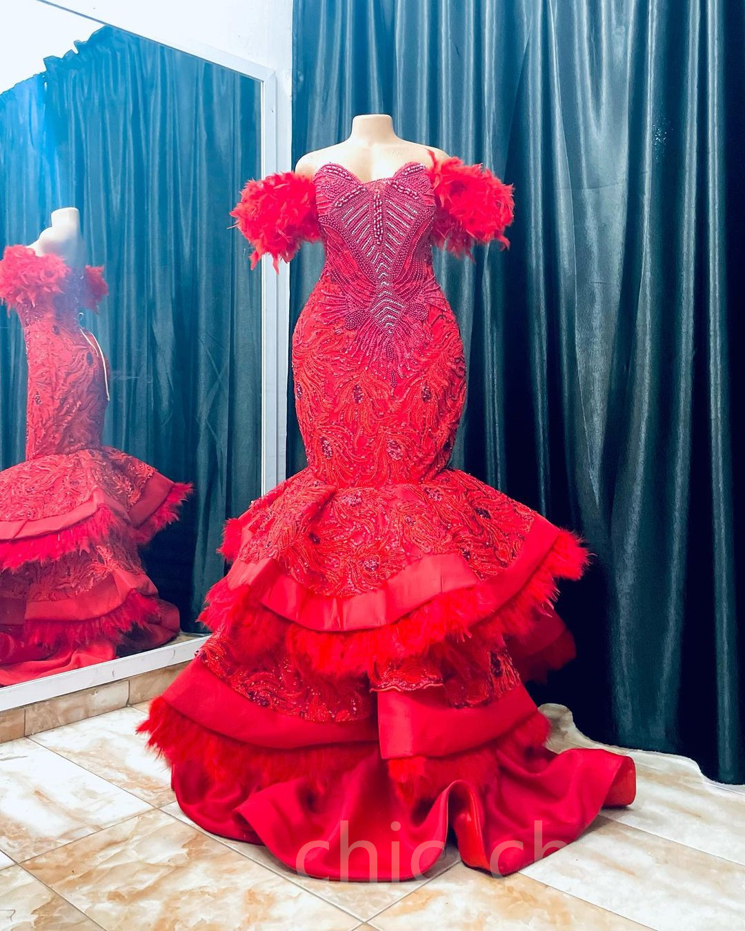 Arabic Aso Ebi Mermaid Red Prom Dresses Lace Beaded Feather Evening Formal Party Second Reception Birthday Engagement Gowns Dress ZJ