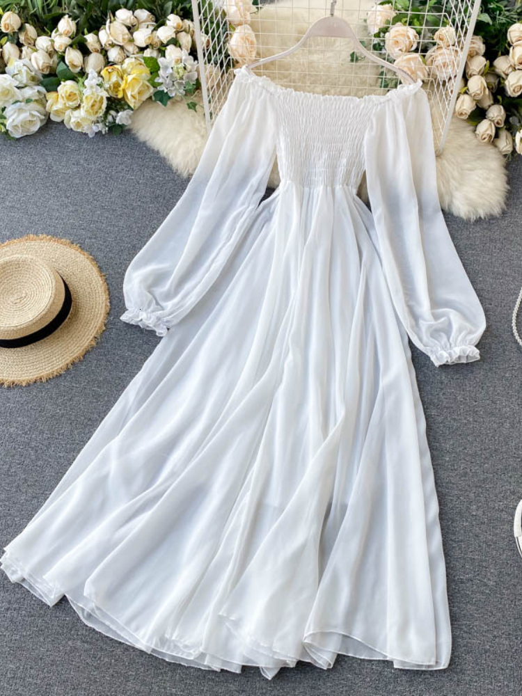 Casual Dresses LY VAREY LIN Spring Autumn Women Elegant Holiday Dresses Puff Sleeve Slash Neck Off Shoulder Smocked White Chiffon Dresses 230131