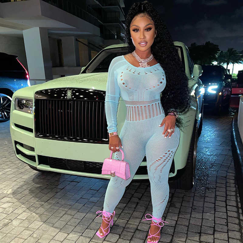 Women's jumpsuits amp rompers New Sexy Long Sleeve Tight Hollow Through Perforated Jumpsuit plus size Pants Women