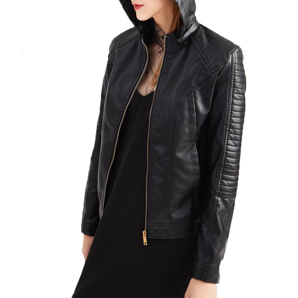 Womens Leather Faux Plus Size Fleece Warm Winter Jacket Women Hooded Autumn Casual Zipup Pockets Punk Hat Detachable Short Coat 230131