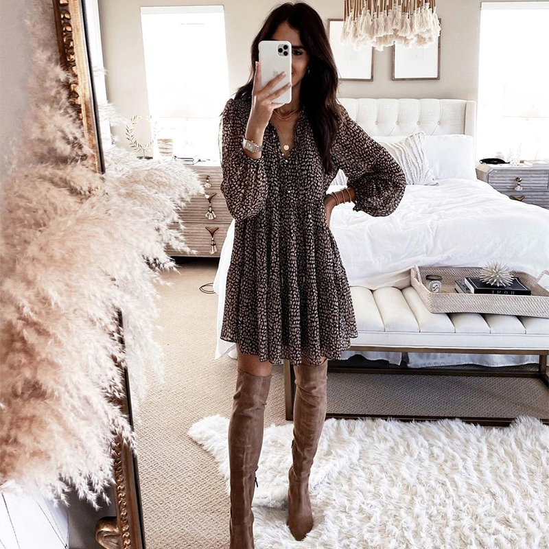 Casual Dresses Lantern Sleeve Dot Print Ruffles Women Dress Casual V-neck Long Sleeve Button Mini Dress Ladies Elegant Party Dress Vestido 230131