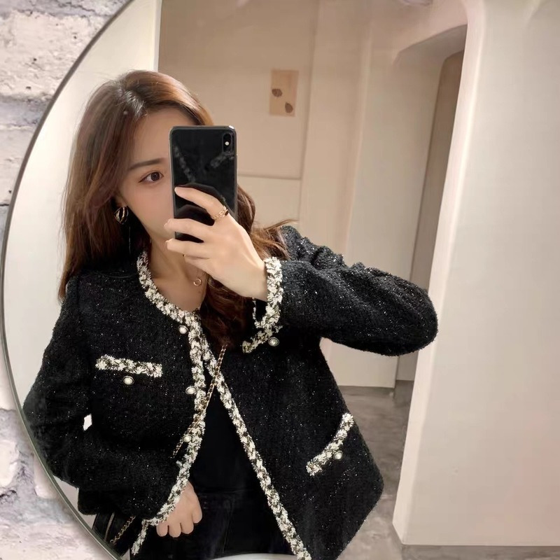 Womens Jackets French ladies style black Korean version short Top bright sparkling Fashion simple casual 230131