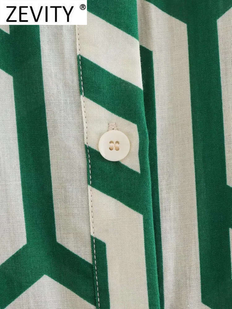 Casual Dresses ZEVITY Women Vintage Geometric Print Pleats Casual Slim Midi Shirt Dress Female Chic Pleats Ruffles A Line Vestido DS395 230131