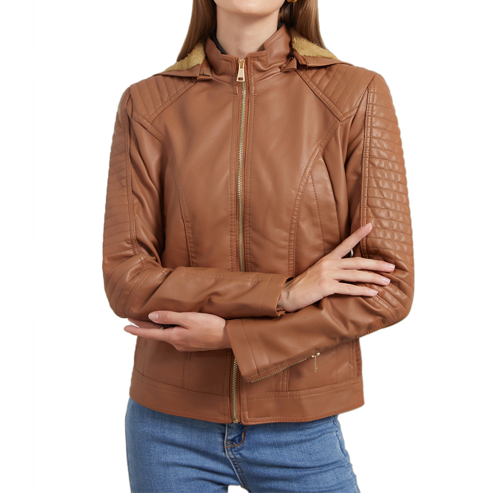 Womens Leather Faux Plus Size Fleece Warm Winter Jacket Women Hooded Autumn Casual Zipup Pockets Punk Hat Detachable Short Coat 230131