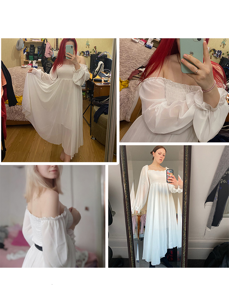 Casual Dresses LY VAREY LIN Spring Autumn Women Elegant Holiday Dresses Puff Sleeve Slash Neck Off Shoulder Smocked White Chiffon Dresses 230131