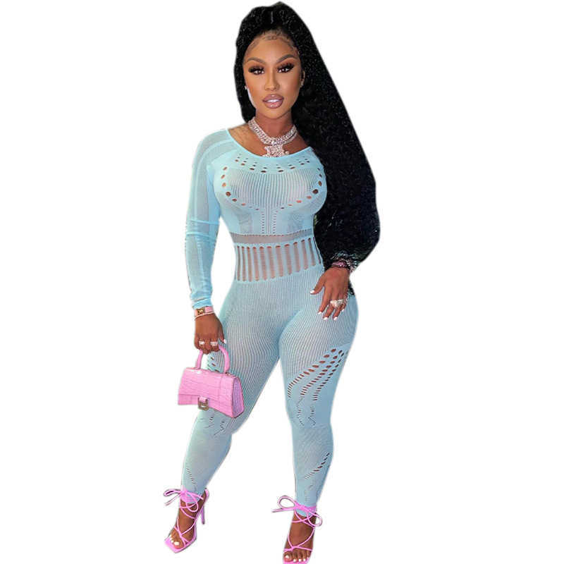 Women's jumpsuits amp rompers New Sexy Long Sleeve Tight Hollow Through Perforated Jumpsuit plus size Pants Women