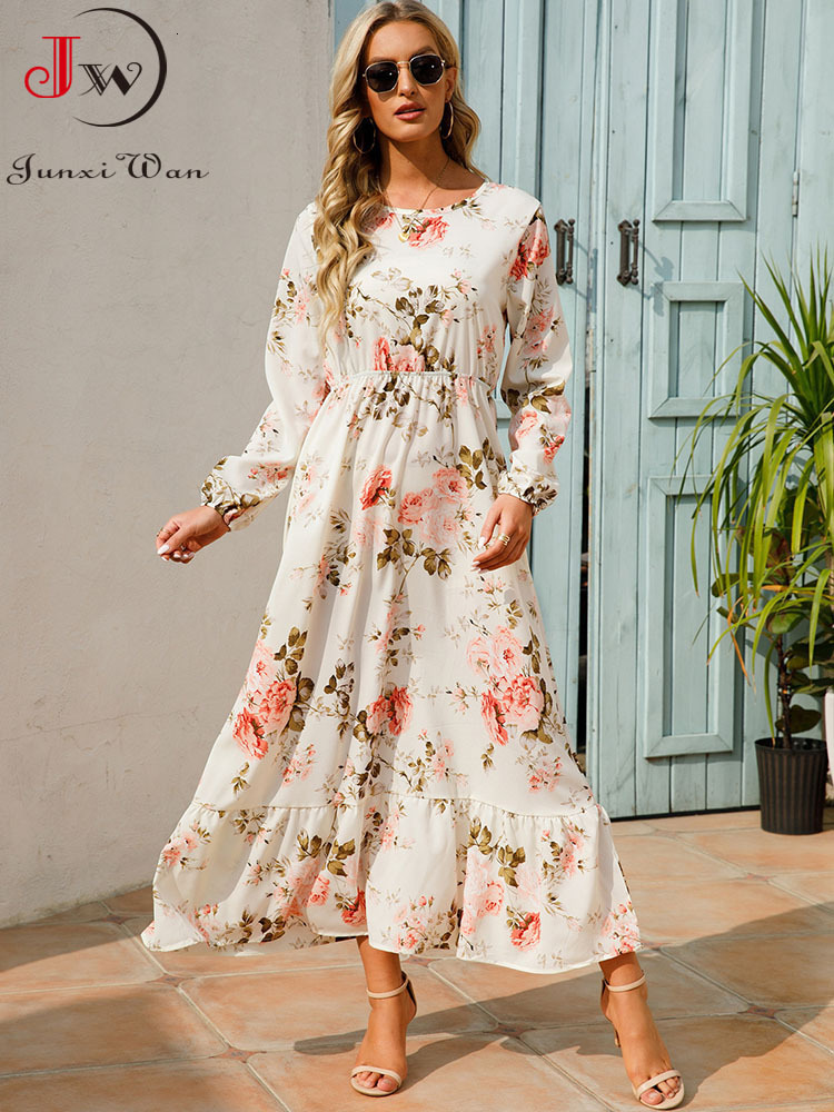Casual Dresses Women Elegant Floral Printed Long Dresses Spring Summer Casual O Neck Long Sleeve Ladies Chic High Waist A Line Beach Dresses 230131