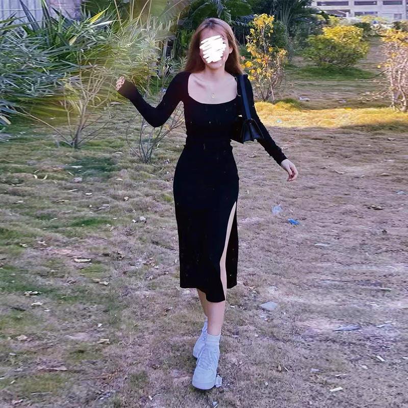 Casual Dresses Women Long Sleeve Dress Mid-calf Length Square Collar Black Sheath Retro Slim Sexy Vintage Side Slit Stretchy All-match Simple 230131