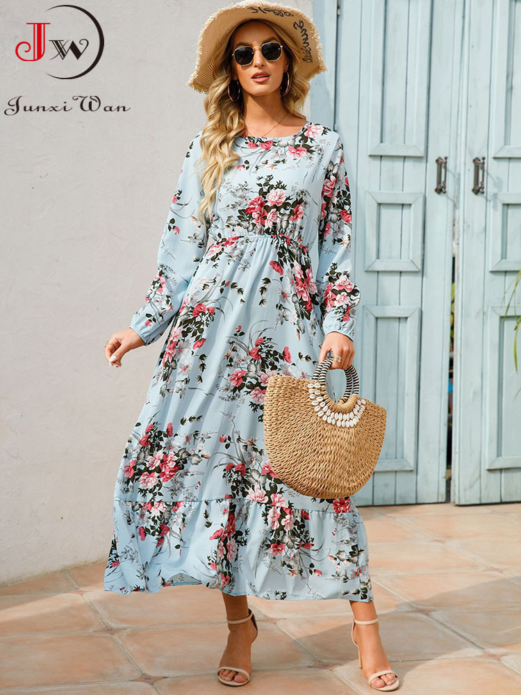 Casual Dresses Women Elegant Floral Printed Long Dresses Spring Summer Casual O Neck Long Sleeve Ladies Chic High Waist A Line Beach Dresses 230131