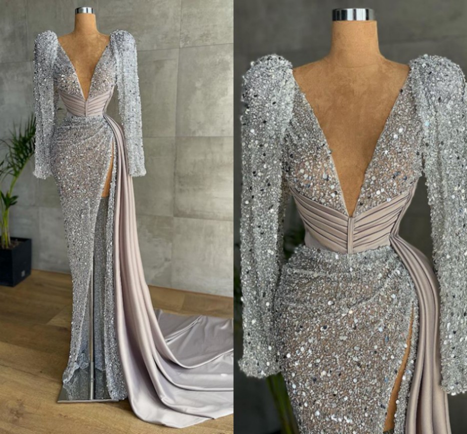 Long Sleeve Sexy Women Prom Dress 2024 V-neck Luxury Beaded Mermaid High Slit Silver Formal Evening Gala Gowns Robe De Soiree Vestidos Feast