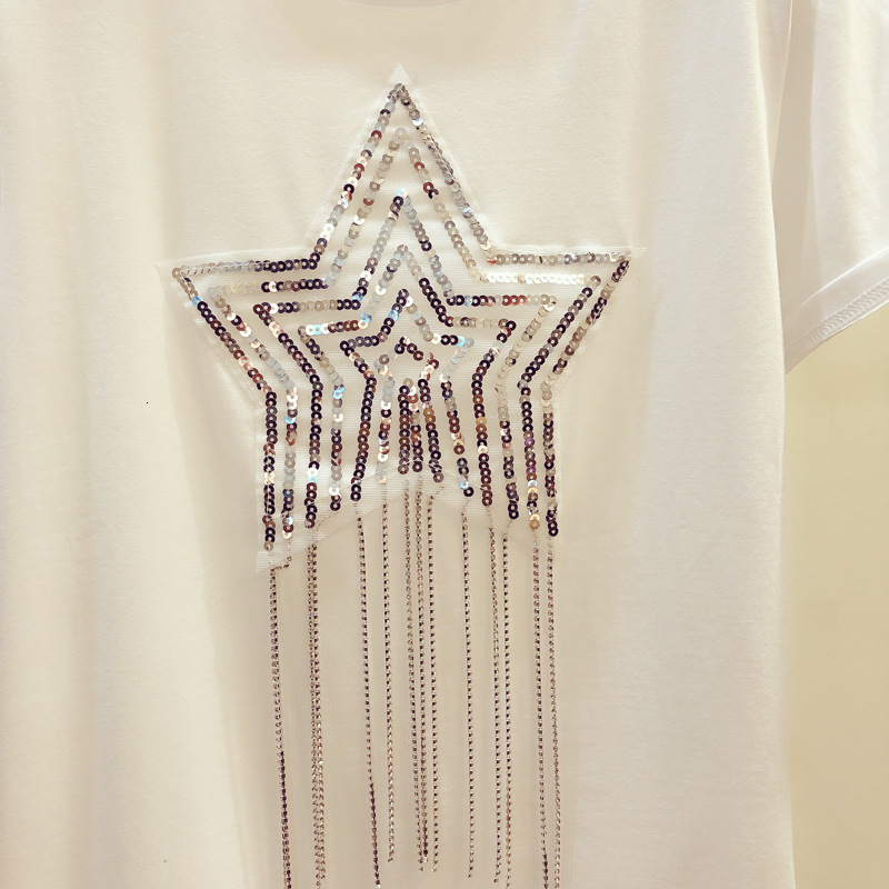 Solid Sequins Diamonds O-Neck Tshirt 2019 New Summer Office Lady Cotton Top Clothes Shirt Camiseta Mujer Black White T95107L CX200714