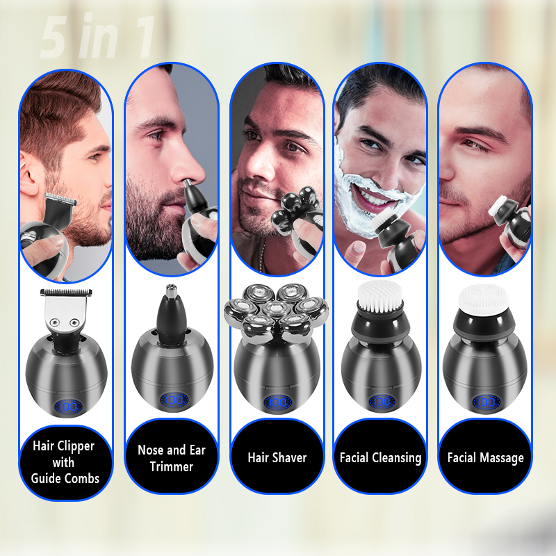 Electric Shavers 5 in 1 Head Shaver for Bald Men 7D Floating Cutter Beard Trimmer Clipper IP68 Waterproof Shaving USB Wireless Charging 230201