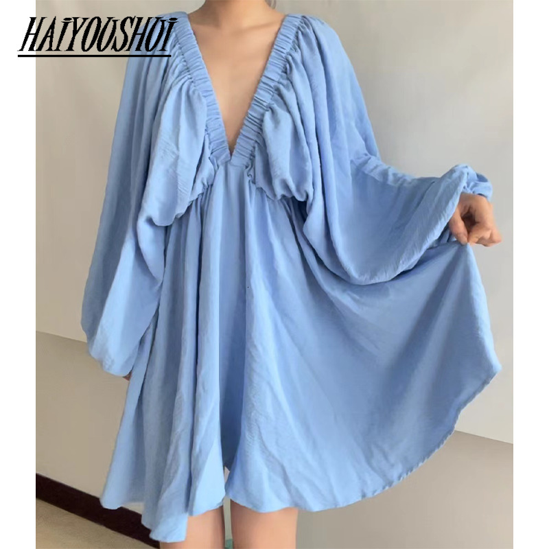 Casual Dresses Sexy Low Cut Green Pleated Dresses Backless Lantern Sleeve Streetwear A-Line Autumn Dress Woman V-Neck High Waist Casual 230131