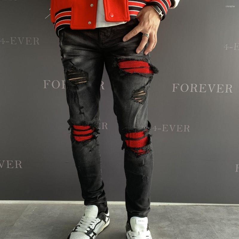 Men's Jeans Design Street Fashion Men Distressed Hole Black Slim Fit Ripped Red Flocking Patched Hip Hop Denim Pants
Men's Jeans Design Street Fashion Men Distressed Hole Black Slim Fit Ripped Red Flocking Patched Hip Hop Denim Pants