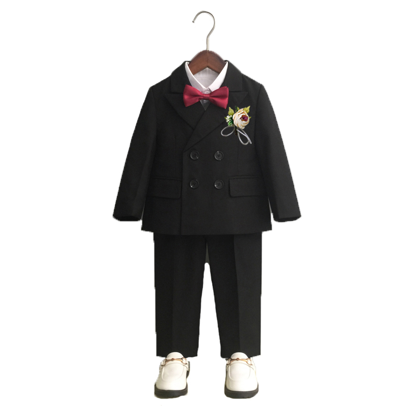 Suits Boys Double Breasted Dress Suit Set Autumn Winter Child Birthday Party Wedding Host Costumes Kids Blazer Pants Bowtie Clothes 230131