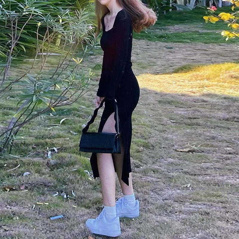 Casual Dresses Women Long Sleeve Dress Mid-calf Length Square Collar Black Sheath Retro Slim Sexy Vintage Side Slit Stretchy All-match Simple 230131