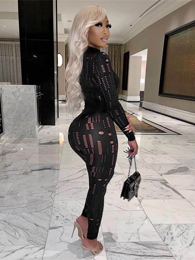 Women's Jumpsuits Rompers Simenual Hollow Out Ripped Bodycon Rompers Womens Jumpsuit Long Sleeve Mock Neck Sporty Workout Sexy Jumpsuits Spring 2