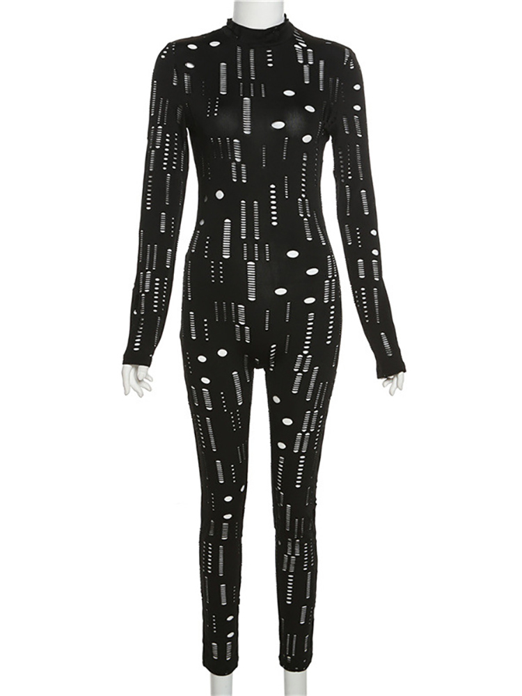 Women's Jumpsuits Rompers Simenual Hollow Out Ripped Bodycon Rompers Womens Jumpsuit Long Sleeve Mock Neck Sporty Workout Sexy Jumpsuits Spring 2