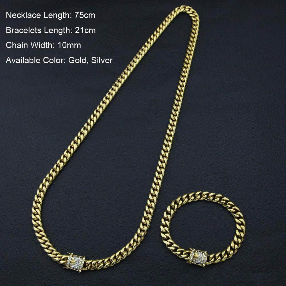 Stainless Steel Bracelets Necklace 24K Solid Gold Electroplate Casting Clasp W/Diamond Cuban Link Necklace & Bracelet For Men Curb Chains Jewelry Set 