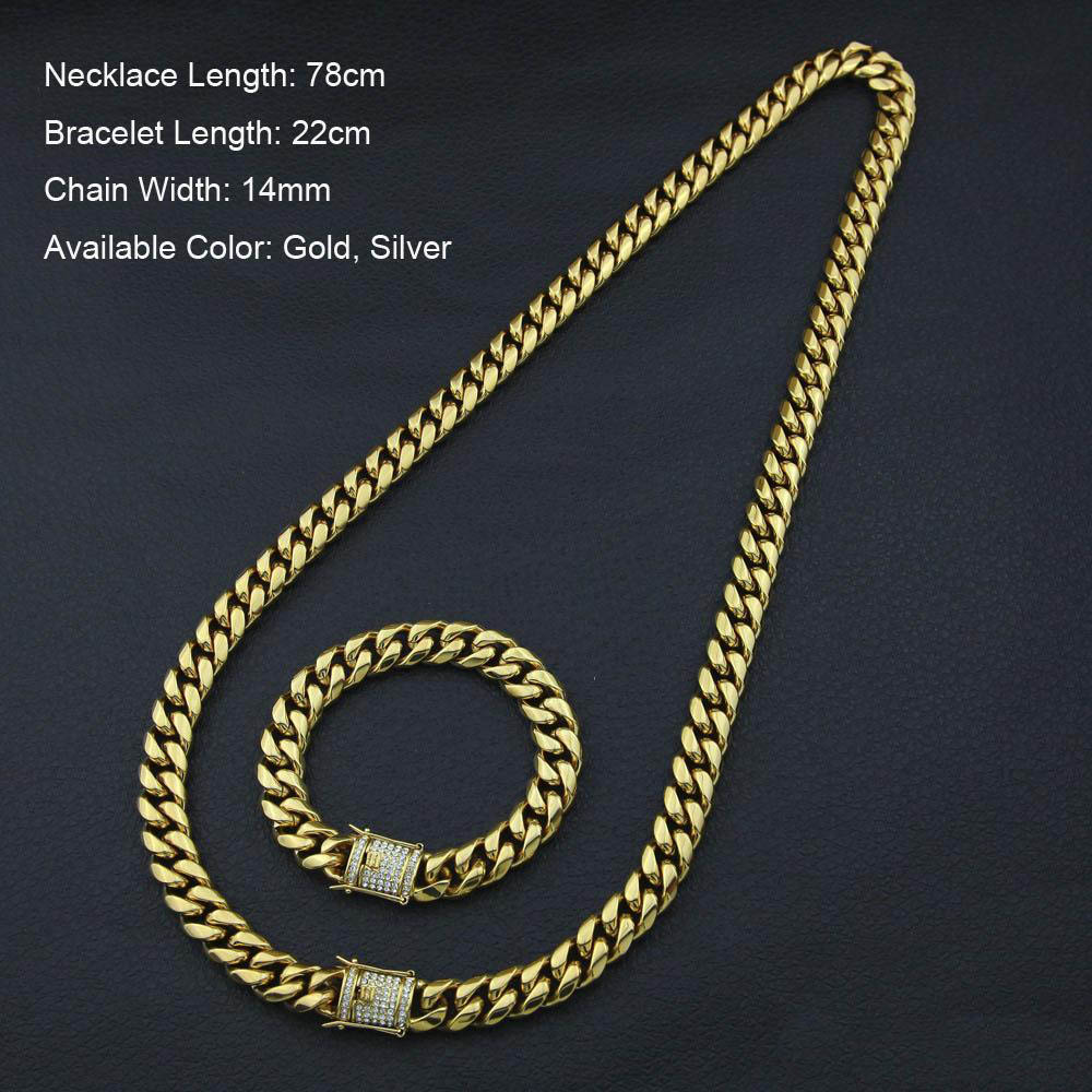 Stainless Steel Bracelets Necklace 24K Solid Gold Electroplate Casting Clasp W/Diamond Cuban Link Necklace & Bracelet For Men Curb Chains Jewelry Set 
