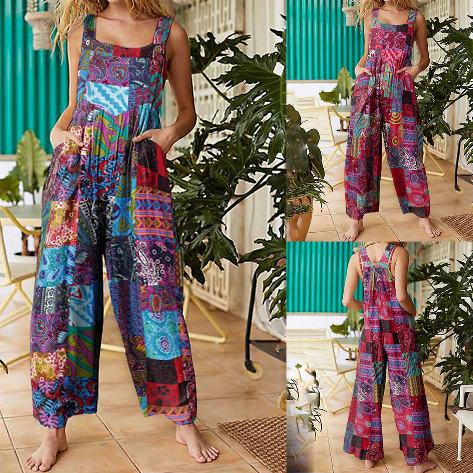 Women's Jumpsuits Rompers Women Jumpsuits Summer Overalls Multicolor Ethnic Style Square Neck Sleeveless Casual Rompers with Pockets for Girls Pl