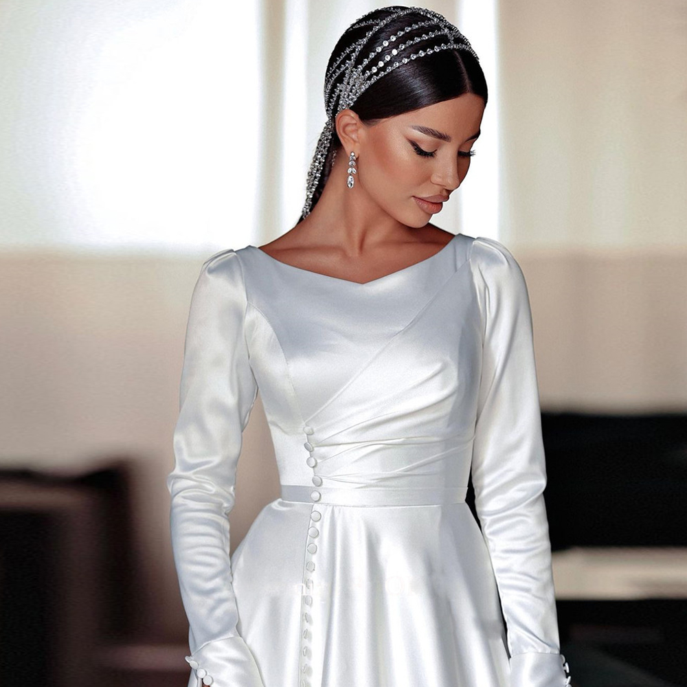 Modest Silk Satin Garden A Line Wedding Dresses Buttons Front Bride Gowns Long Sleeve Simple Vestido De Mariages