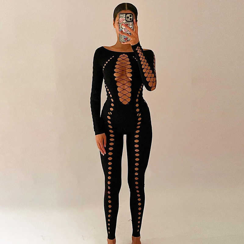 Women's 2023 New jumpsuits amp rompers Fashion Sexy Hollow out Perspective One Shoulder Long Sleeve One Piece Pants for Women