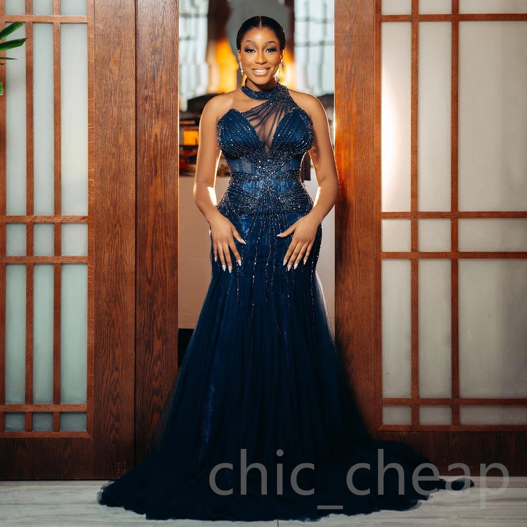 Aso Arabic Ebi Beaded Mermaid Prom Dresses Dark Navy Tulle Sexy Evening Formal Party Second Reception Birthday Engagement Gowns Dress ZJ 0228Lz