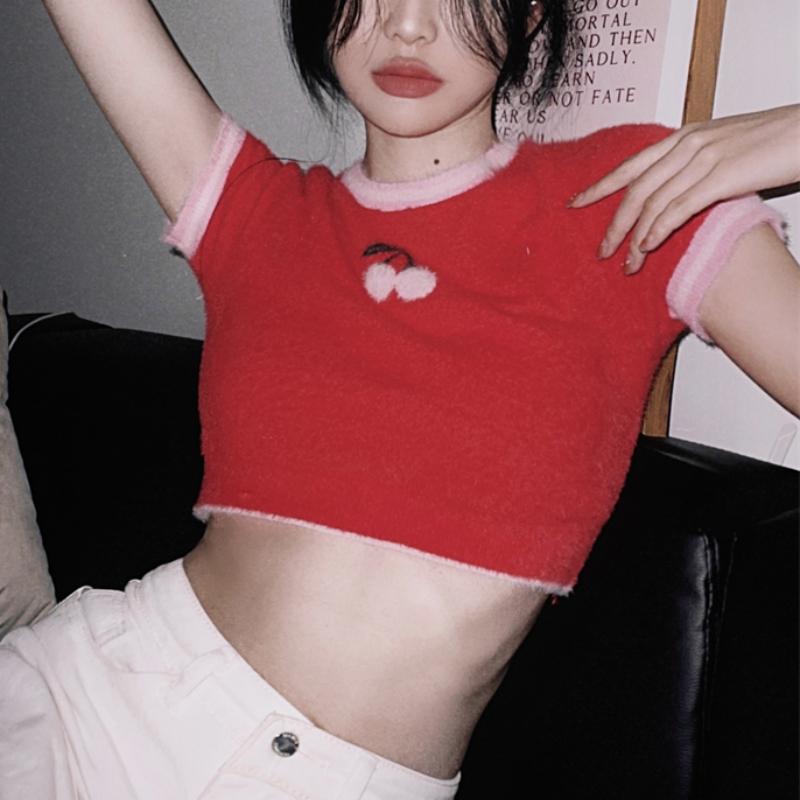 Women's T Shirts Cherry Embroidery Short-sleeved Knitted Shirt Women Spring And Summer 2023 Tight-fitting Color-fitting Slim Crop, Black
Women's T Shirts Cherry Embroidery Short-sleeved Knitted Shirt Women Spring And Summer 2023 Tight-fitting Color-fitting Slim Crop, Black