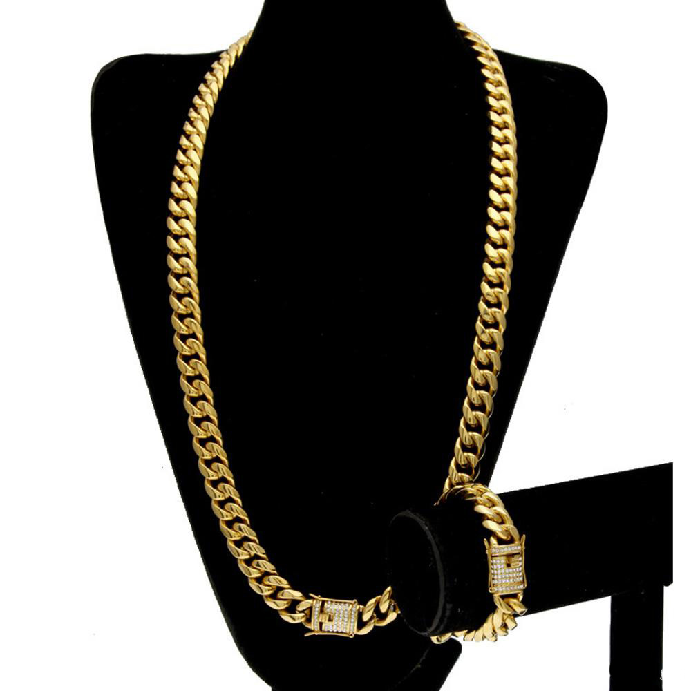 Stainless Steel Bracelets Necklace 24K Solid Gold Electroplate Casting Clasp W/Diamond Cuban Link Necklace & Bracelet For Men Curb Chains Jewelry Set 