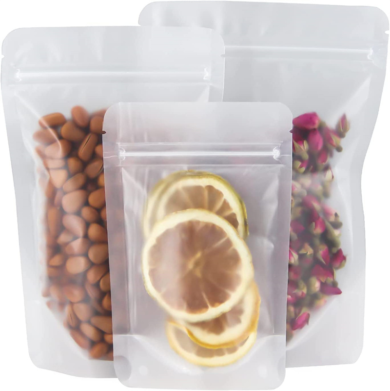 100 Pack Resealable Stand Up Bags Food Storage Bags Matte Clear Zipper Heat Seal Pouch with Tear Notch for Packaging Products Herbs Snack Tea