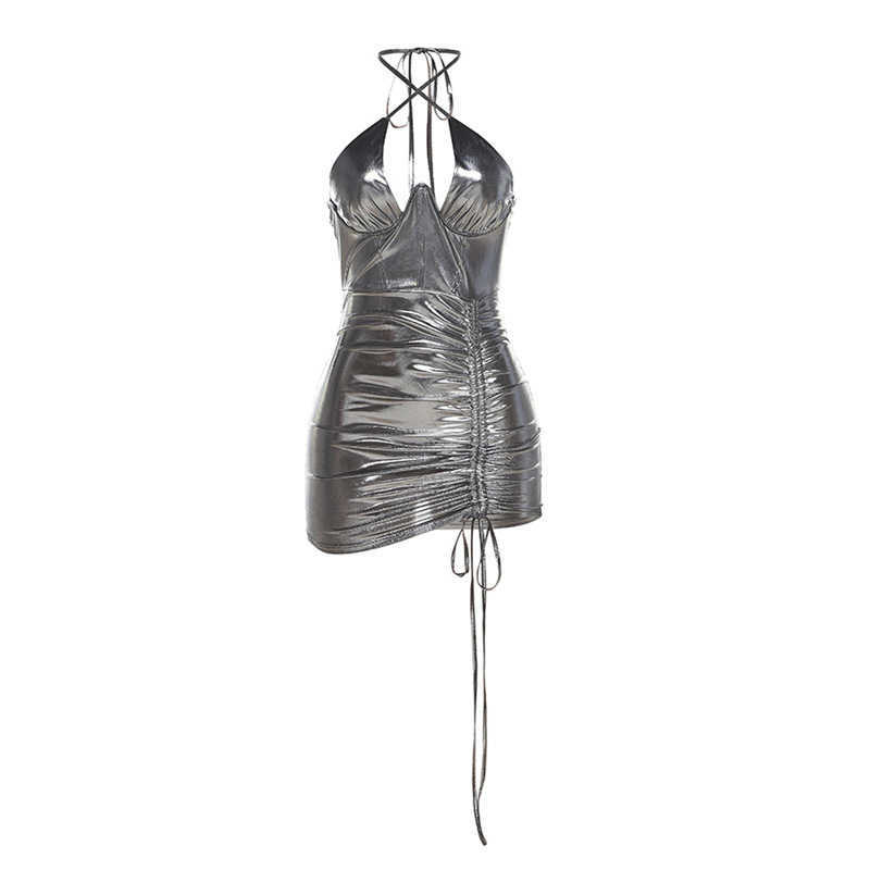 2023 Spring Women's New Fashion Hanging Neck Open Back Spicy Girl Pleated Slim Wrapped Hip Dress