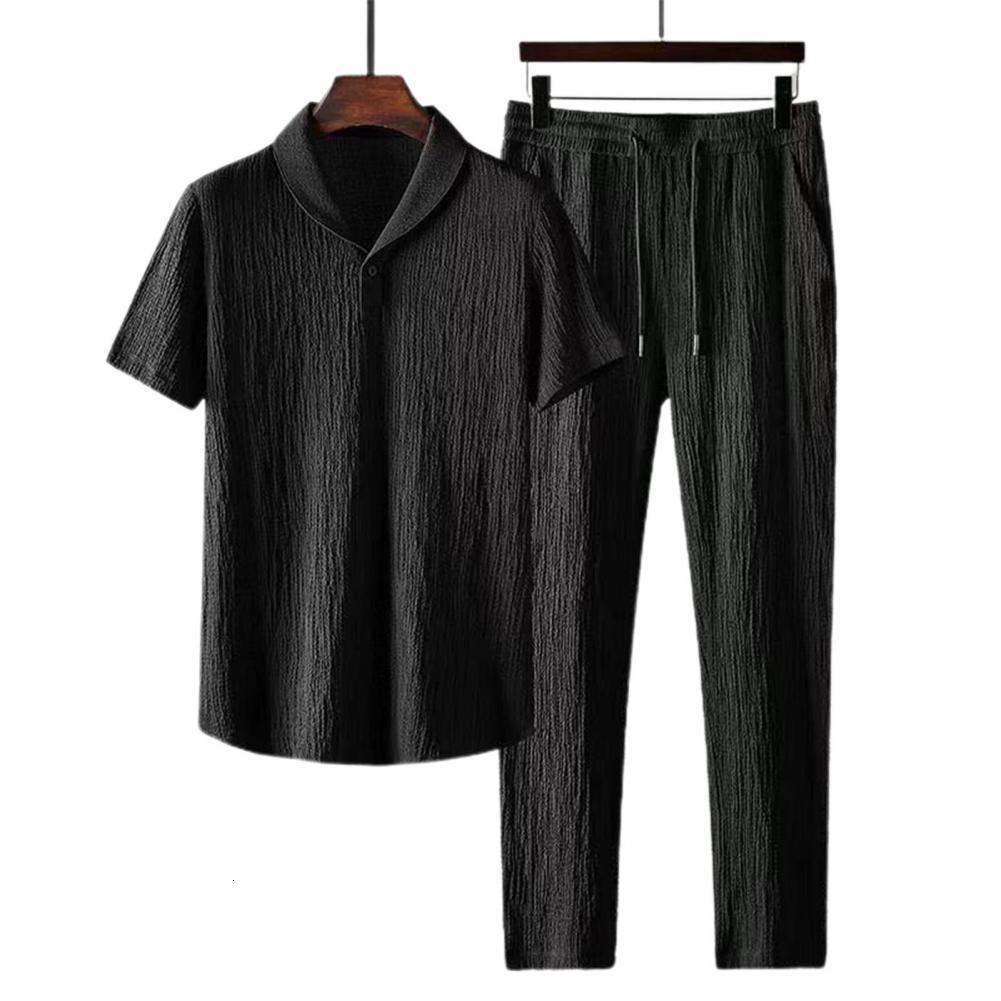 Men's Tracksuits 2Pcs/Set Summer Men's Suit Elastic Waistband Pleated Casual Outfit Men Business Short Sleeve Shirts Long Pants Set Male Clo