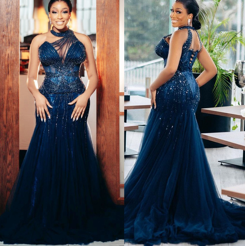 Aso Arabic Ebi Beaded Mermaid Prom Dresses Dark Navy Tulle Sexy Evening Formal Party Second Reception Birthday Engagement Gowns Dress ZJ 0228Lz
