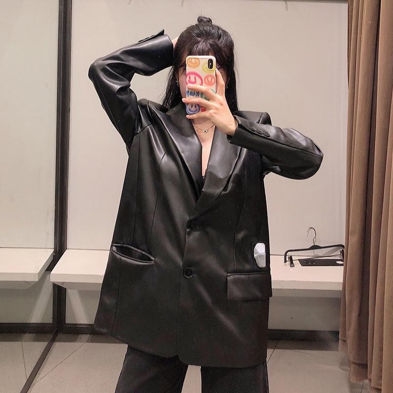 Women's Suits & Blazers Black Pu Leather Blazer Suit Women Punk Solid Colors Single Breasted Normcore Office Cool Girl Bf Loose Minimalist S
Women's Suits & Blazers Black Pu Leather Blazer Suit Women Punk Solid Colors Single Breasted Normcore Office Cool Girl Bf Loose Minimalist S
