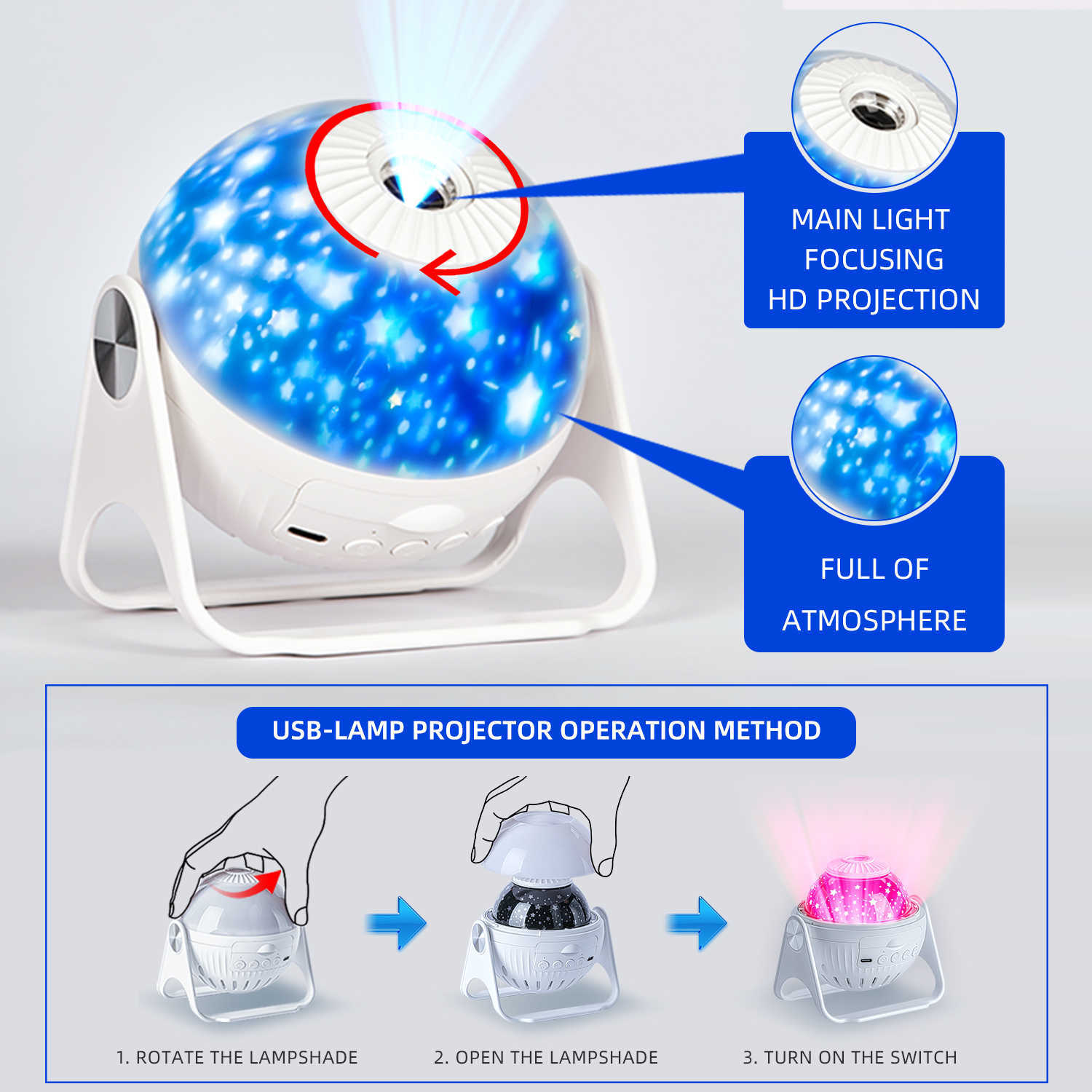 LED Star Projector Night Light 6 in 1 Planetarium Projectionr Galaxy Starry Sky Projector Lamp USB Rotating Night Lights