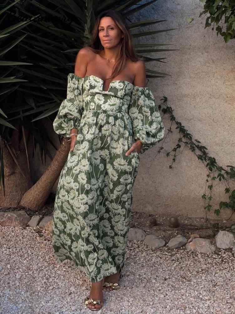Casual Dresses Women Elegant Floral Print Midi Dress Summer Fashion Puff Sleeve Dresses Casual Loose Back Zipper Strapless Beach Sundress 230202