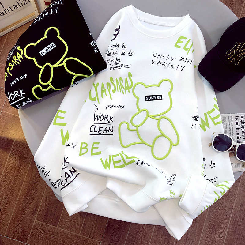 Women's Hoodies Sweatshirts Thin Autumn O-neck Loose Pullovers Korean Girls Cute Bear Embroidery Oversized White Black Bottom Y2302
Women's Hoodies Sweatshirts Thin Autumn O-neck Loose Pullovers Korean Girls Cute Bear Embroidery Oversized White Black Bottom Y2302
