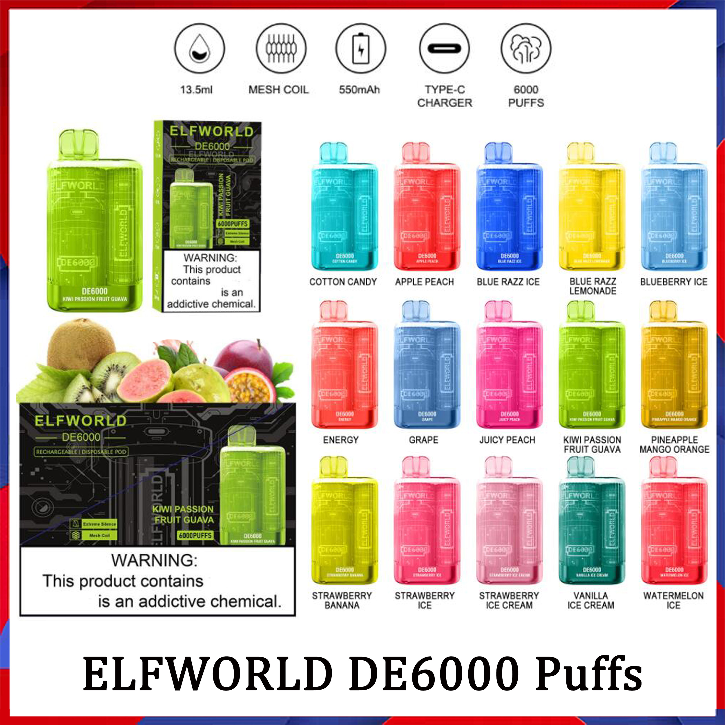 Original ELFWORLD DE6000 Puffs Disposable Vape Pen Cigarettes 650Mah Recharger Battery 13.5ML 15 Flavors Available VS Elf Ultra
Original ELFWORLD DE6000 Puffs Disposable Vape Pen Cigarettes 650Mah Recharger Battery 13.5ML 15 Flavors Available VS Elf Ultra